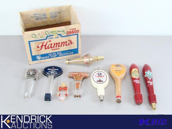 9 Vintage Beer Taps with Vintage Hamms Beer Box