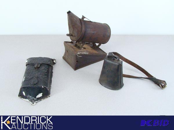 Antique Cast Iron Mailbox, Bee Smoker, and Cow Bell with Leather Strap
