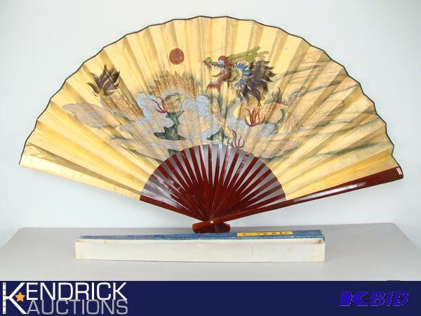 Large Asian Hand Painted Fan with Wood Monture