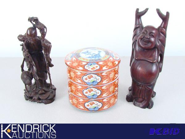 2 Asian Carved Sculptures, and 3 Asian Stackable Bowls with Lid