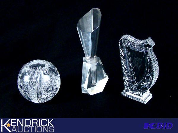 Waterford Crystal Harp Figurine, Crystal Perfume Bottle, and a Cut Crystal Globe Vase