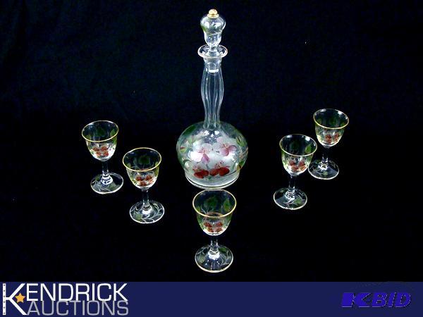 Hand Painted Wine Decanter with 5 Hand Painted Sherry Glasses