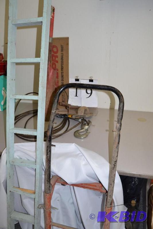 lot 19 image: Two wheel cart, cable with hook, cement tools and gaskets