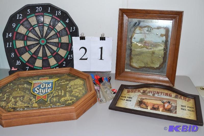 lot 21 image: Old Style beer sign, dart board and set, clock and deer sign