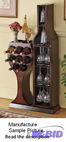 lot 10 image: Wine Bottle and Wine Glass Wooden Wine Rack -...