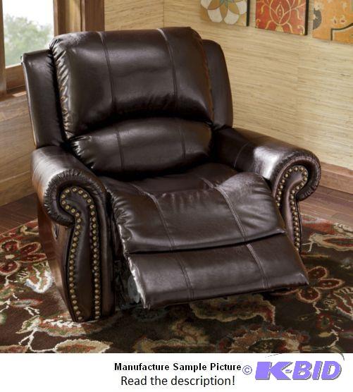lot 3 image: Brown Like Leather Nailhead Recliner Chair -&...