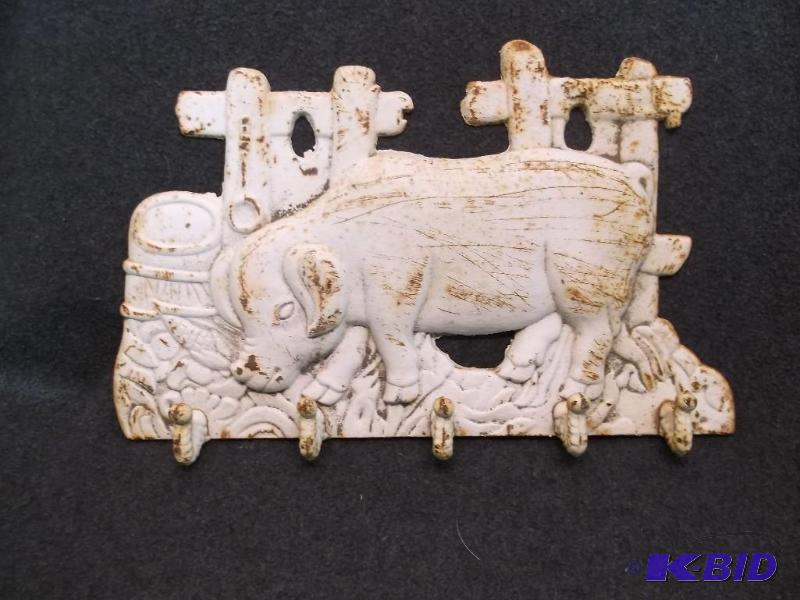 lot 77 image: Large heavy cast iron pig coat rack measuring...