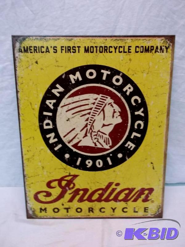 lot 87 image: Collectable metal Indian Motorcycle sign meas...