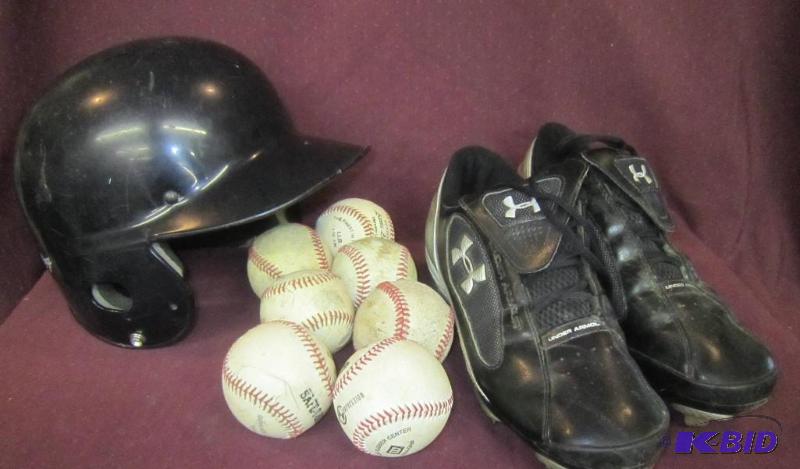 lot 358 image: Batting Helmet, 7 baseballs & pr of size 9 cleets Under Armour