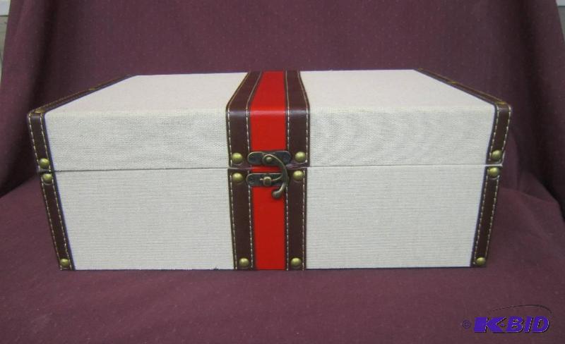 lot 362 image: Decorative Little Suitcase (as is)  Tan with Brown and red stripe