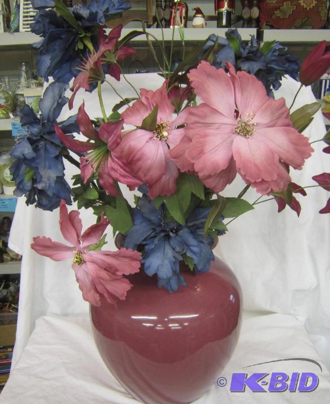 lot 363 image: Mauve Flower Vase with Floral Arrangement  Blues and Mauve Flowers