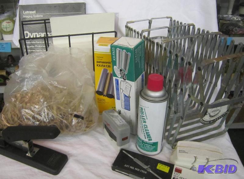 lot 370 image: Metal page Collator,rubber bands, stapler, Roller Cleaner, Fasteners, Panasonic KX-FA 13 fax film, misc office