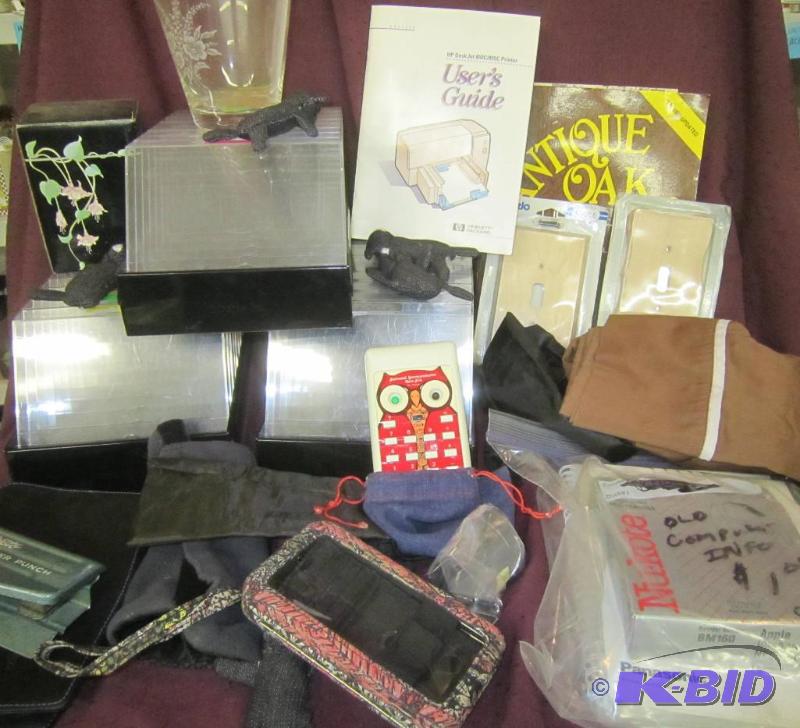 lot 372 image: Misc Box Lot - 3 Picture storage holders, Anique Oak Book Vase, Votive Holder, Owl Quiz Kid,