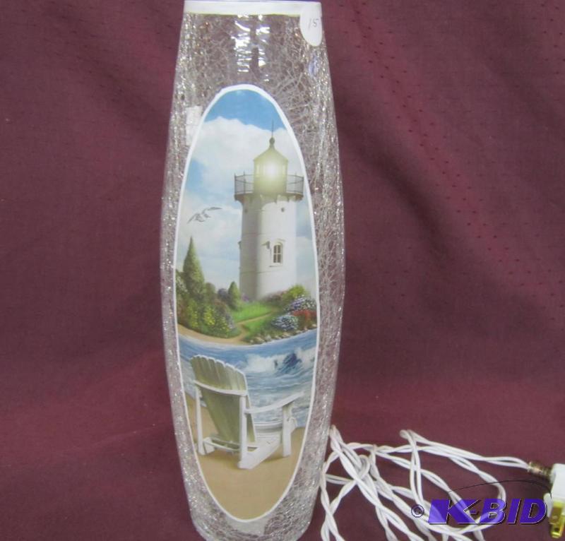 lot 385 image: NEW 12 Beach with Lighthouse Hand Painted Frosted Electric Glass Lights