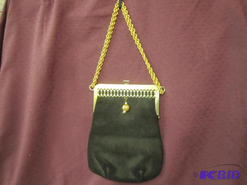 lot 410 image: 1950 Black Suede Little Black Purse Gold Chain