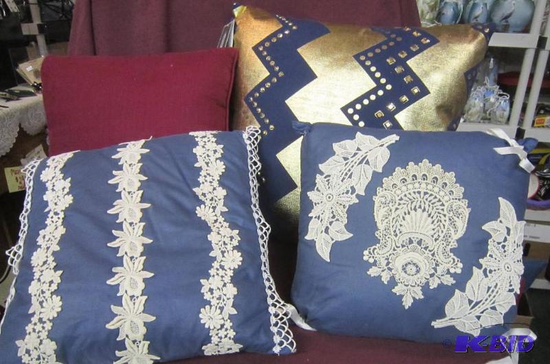 lot 421 image: 4 pillows - 2 Blue with White Lace, 1 Maroon & 1 Blue and Gold
