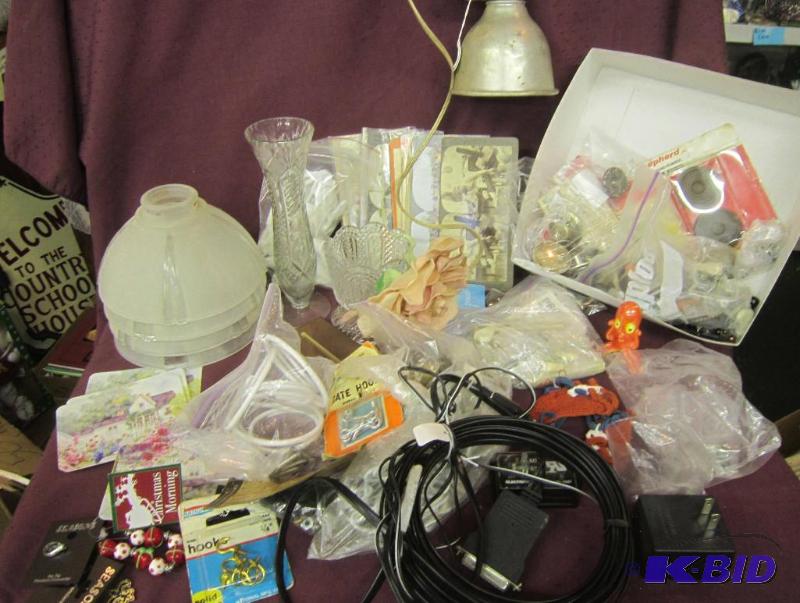 lot 447 image: Misc Box Lot - Vase, Antique Stereograph photos, Jewerly part, Hardware, Votive Holder Work Light