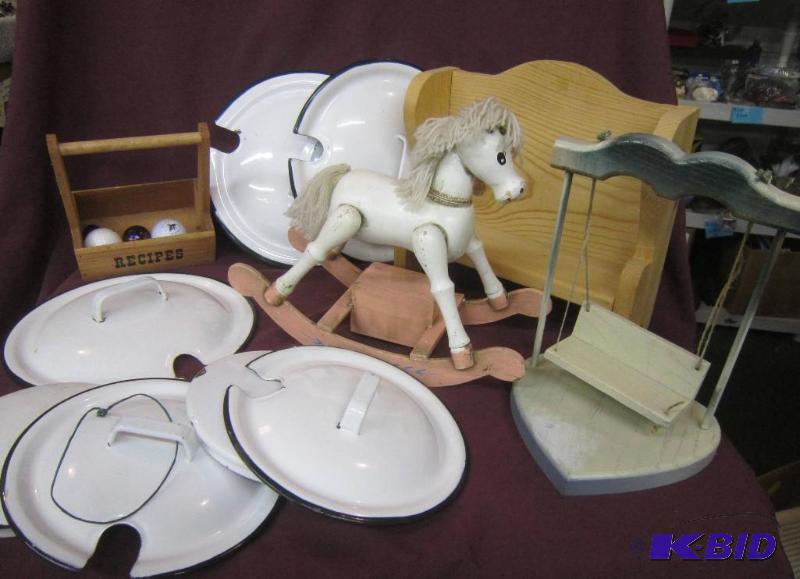 lot 448 image: Misc Box Lot - enamel lids, Rocking Horse, Doll Bench, Mini Wood Doll Swing, Golf Balls, Marbles, Etc
