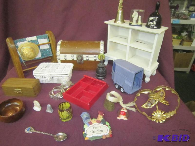 lot 449 image: Misc Box Lot - Bells, Doll Furniture, Trunk, Quilt rack, Horse Trailer, Napkin Rings, Rest in Peace