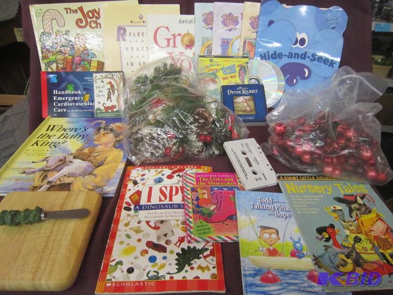 lot 450 image: Misc Box Lot - Books, Decorative Christmas, Cheese Block and Spreader, Cassette Tape, Etc.