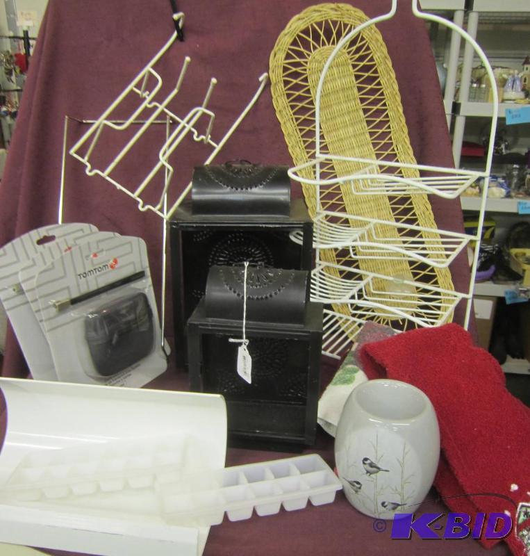 lot 458 image: Misc Box Lot - 2 Tin punched Lanterns, 2 Shower Caddies, can holder for Refrig, tom tom Covers, etc