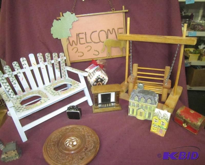 lot 459 image: Misc Box Lot - Welcome Sign, Doll Housees, Doll Swing, and Bench, Cottage candle holder, fireplace,