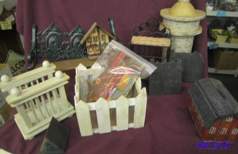 lot 461 image: Misc Box Lot - Doll Bench (As is) Flower Pot HOlder, Barn, misc wood items, mini shelf, etc.