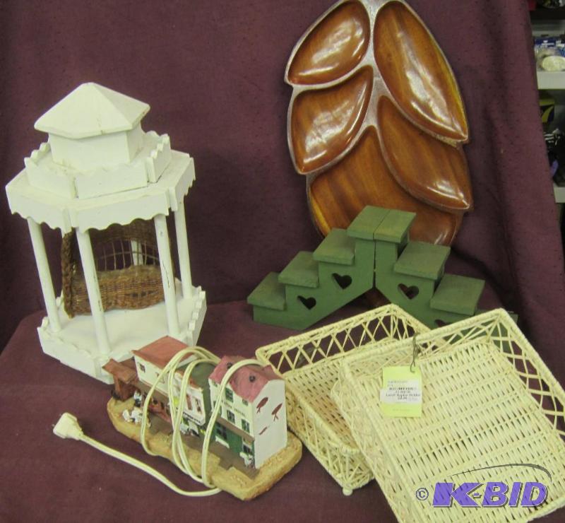 lot 463 image: Misc Box Lot - White Gazebo, Leave Tray, Green Step Diplay, Lighted House, 2 New Napkin Holders