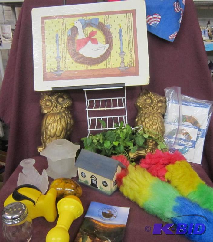 lot 464 image: Misc Box Lot - 2 Owls, Tealight votive holder, Egg, House, Shower display, Goose Laptop Holder, ETC