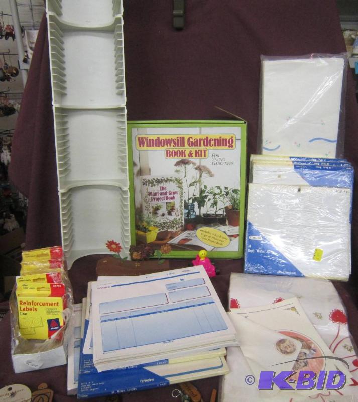 lot 465 image: Misc Box Lot - CD Tower, Invoices, Memo Pads, Reinforcement Labels, Paper Towels, Windsill Gardening