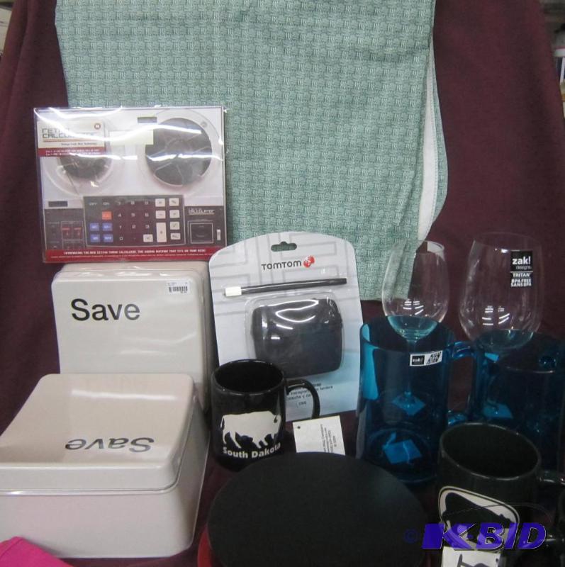 lot 469 image: Misc Box Lot - Clear Glasses, Tom Tom Case, TIns, Mugs, Retco Calculator, ETC