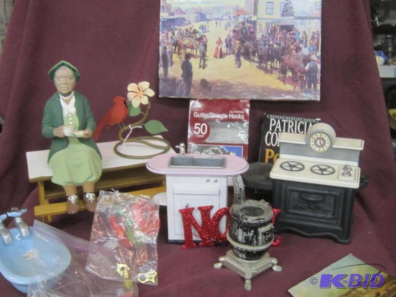 lot 470 image: Misc Box Lot - Doll Furniture 2 Stoves, Picnic Table, Sink, Tub, Grandma, Book, Noel, Gutter Hooks