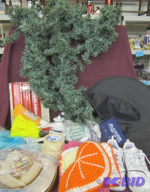 lot 473 image: Misc Box Lot - 9 Garland, Crafts, Painitng Supplies, Witches Hat, Nike Shoe Size 2, Dusters, Tape 