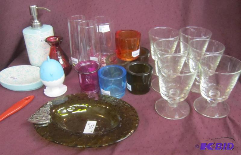 lot 485 image: MIsc Box Lot - Bathroom Set Soap Dish & Lotion, Votive Holders, Egg Cup, 6 Glasses, Christmas Candy Dish