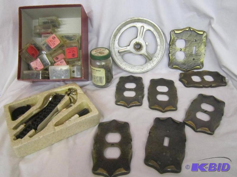 lot 490 image: Misc Box Lot - Outlet and switch plate covers, personalized golf ball marker kit, misc tacks, screws