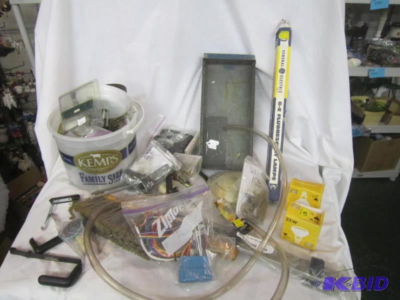 lot 492 image: Misc Box Lot - Light, Broom, Thermo stat, Brackets, Sensors, Door Handles and Locks, Hose, ETC