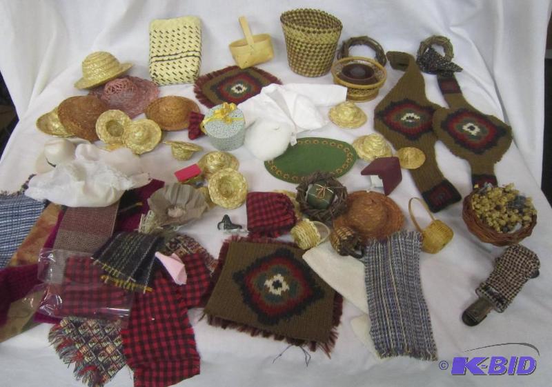 lot 496 image: Misc Box Lot of Miniatures - Miniature Doll house blankets and table covers, straw hats, mini baskets,wreaths, ETC