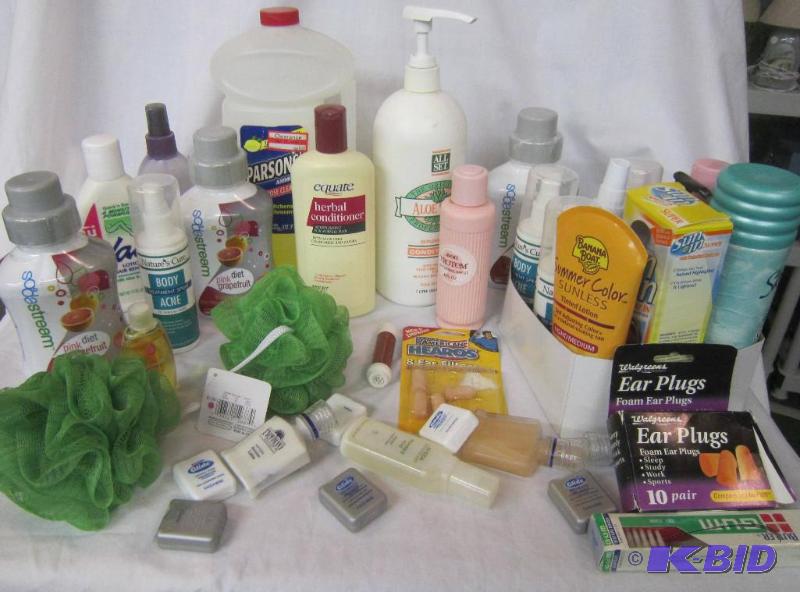 lot 497 image: Misc Box Lot - Shampoo, Ear Plugs, Conditioner, Cleaning products, Soap, Acne Spray, Nair, ETC