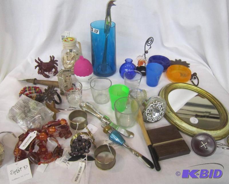 lot 498 image: Misc Box Lot - 3 Cheese Spreaders, Votive Holders, Napkin Rings, Hooks, Egg Cup, Rocks, BlueVase ETC