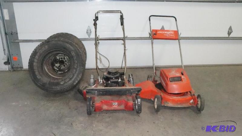 lot 12 image: Lot of 2 Push Mowers & Set of 3 Tires