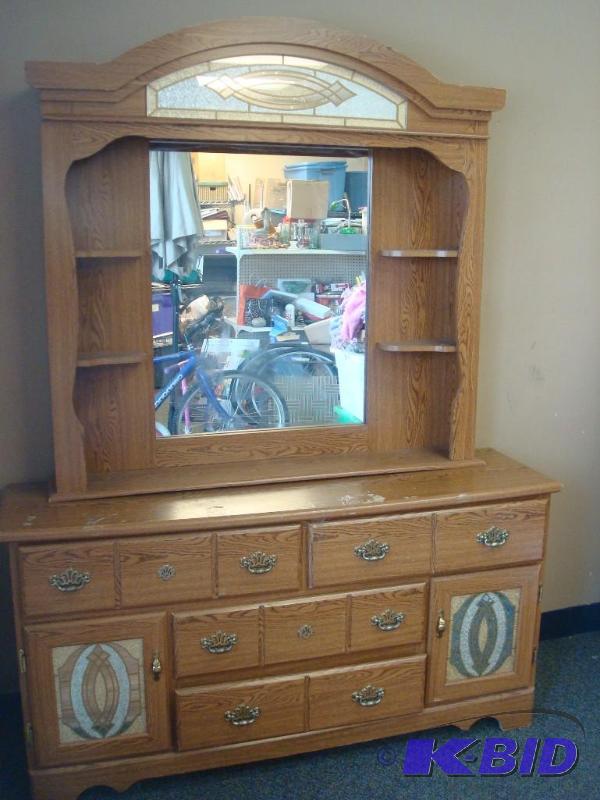lot 2 image: Bedroom Dresser And Mirror Has Wear, Marks...