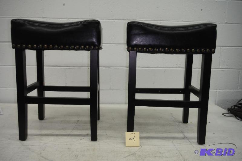 lot 2 image: Real Leather Wooden Stools  Maroon and black