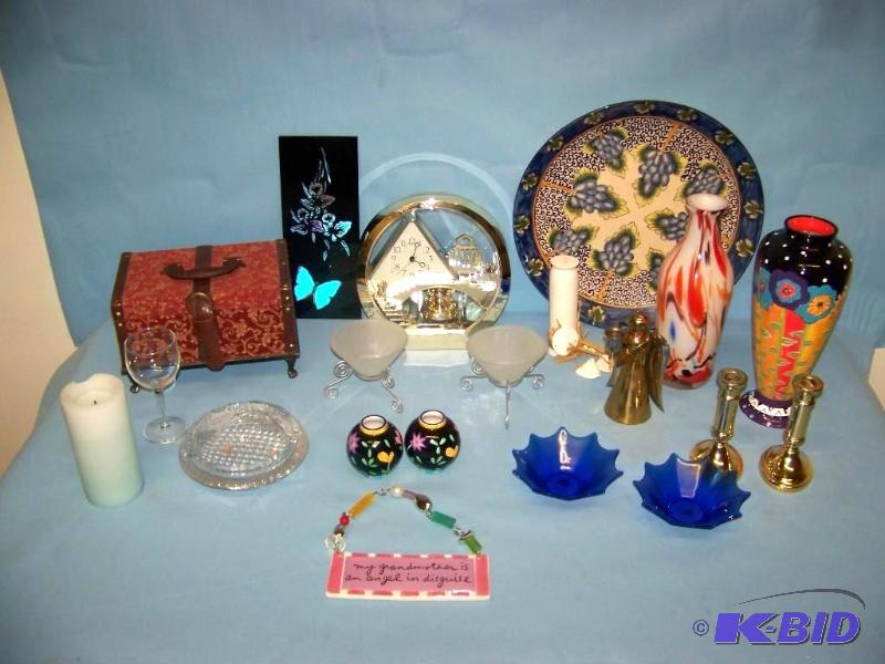 lot 28 image: Vases, Candle Holders, Clock, Platter and Decorative Jewelry Box