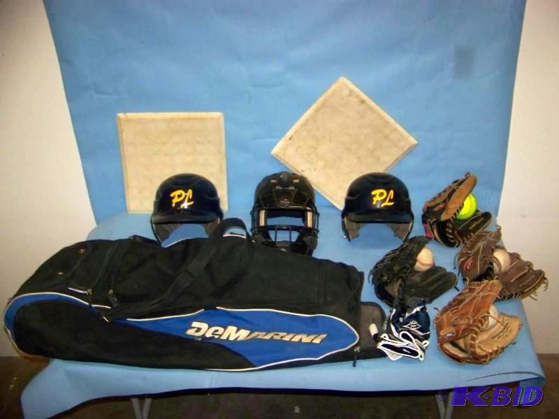 lot 32 image: (4) Baseball Gloves, DeMarini Baseball Bag, Helmets, Batting Gloves and (2) Bases