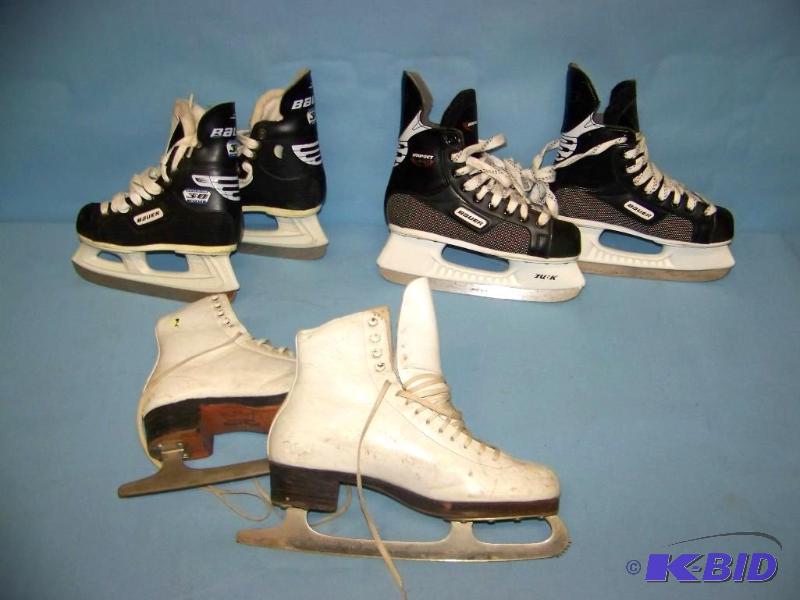 lot 34 image: (2 pair) Bauer Hockey Skates and (1 pair) Figure Skates