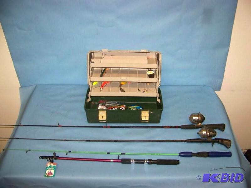 lot 42 image: (4) Fishing Poles, (2) Reels and a Tackle Box with some Lures  Line