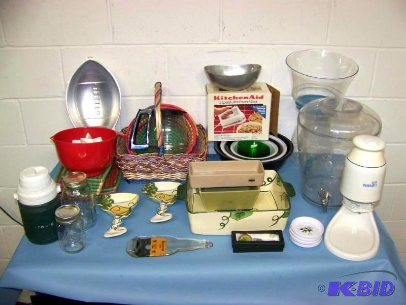 lot 93 image: Kitchen  Serving Dishes, Baskets, Holders, Mixer and Beverage Dispensers with Spigots