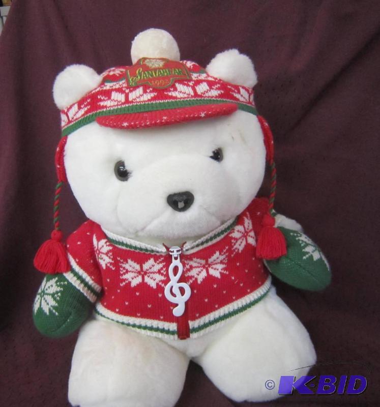 lot 538 image: Santa Bear 1992 Complete with Hat, Sweater, Mittens and Treble Clef, Has some wear Daytons