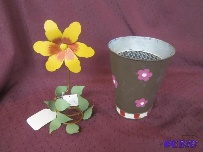 lot 545 image: Flower Metal Votive Holder and Tin Brown Basket Flower Holder
