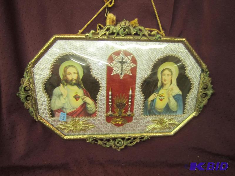 lot 580 image: Antique Picture Convex Bubble Glass Metal frame Jesus Mary with Alter 20 x 14